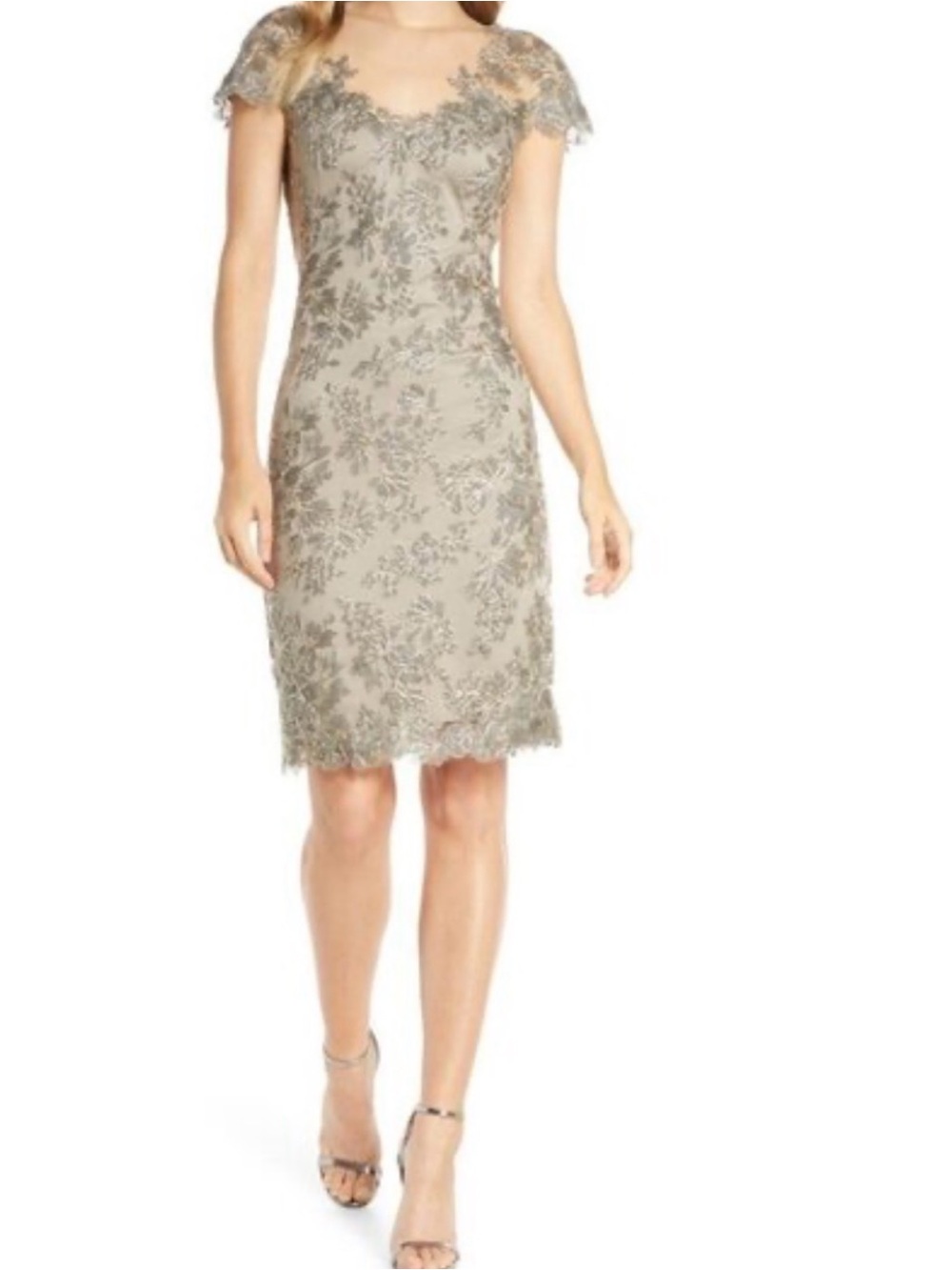 Tadashi Shoji Olive and Gold Lace Midi Dress